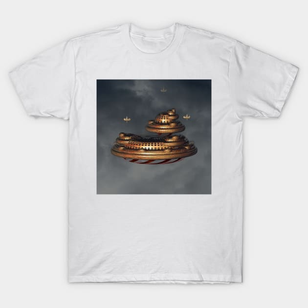 Gold and Red Fractal Floating City T-Shirt by sciencenotes
